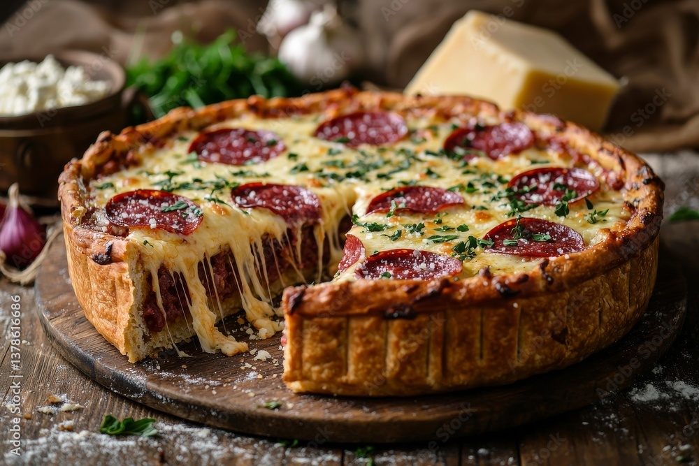 Delicious Pepperoni Deep Dish Pizza with Stretchy Cheese on Rustic Table Delicious Pepperoni Deep Dish Pizza with Stretchy Cheese on Rustic Table