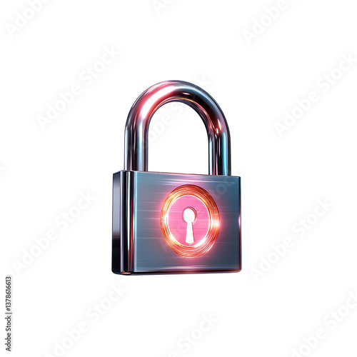 A 3D padlock with a keyhole and security hologram isolated on transparent background png