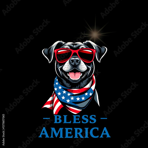 A cheerful Labrador Retriever with refined features, wearing red sunglasses and an American flag scarf, 14th for july celebration. Below, the phrase 