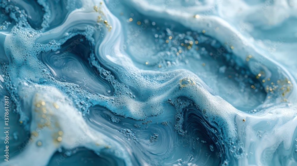Detailed close-up of swirling blue, white, and gray liquids with gold speckles Detailed close-up of swirling blue, white, and gray liquids with gold speckles
