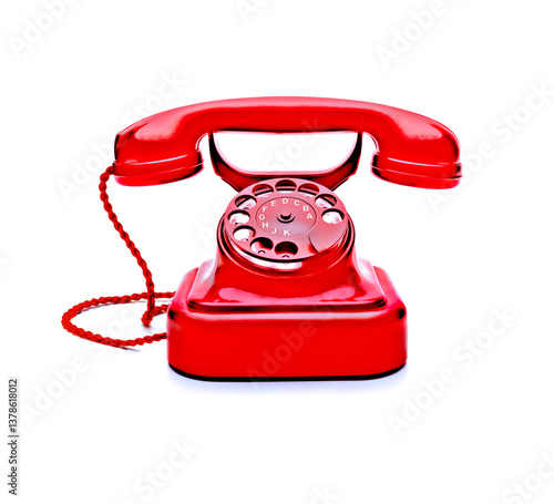 Rotes Wählscheibentelefon aus Bakelit auf weissem hintergrund