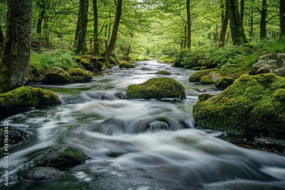A flowing river winding through a lush green forest landscape scene A flowing river winding through a lush green forest landscape scene