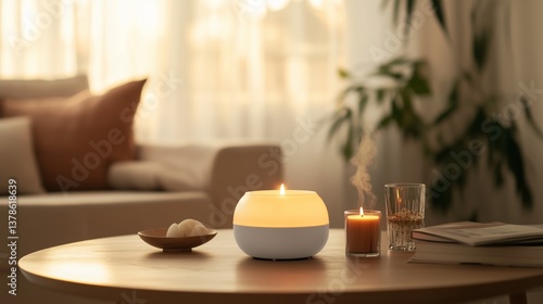 Cozy living room with aromatic candles and a diffuser creating a relaxing atmosphere on a sunny afternoon