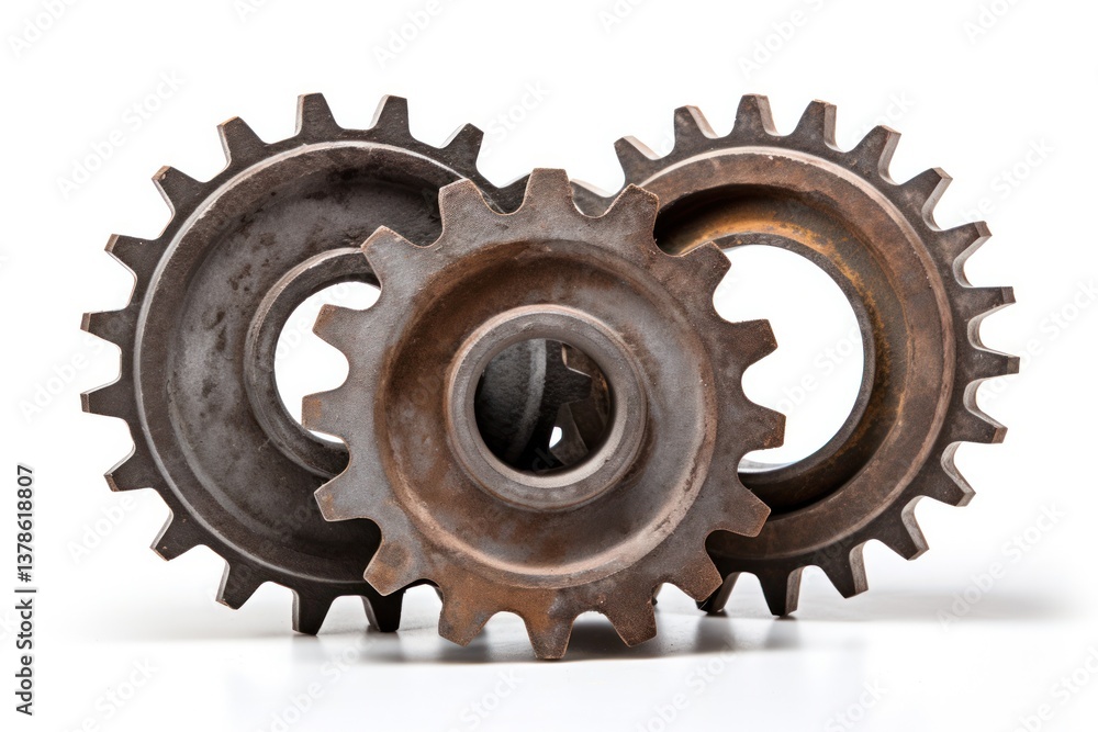 Single large cogwheel gear with a weathered metallic surface and visible signs of use symbolizing durability Single large cogwheel gear with a weathered metallic surface and visible signs of use symbolizing durability