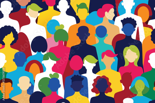 Multicolored People Crowd Illustration, Diverse Ethnicities, Vibrant Flat Design