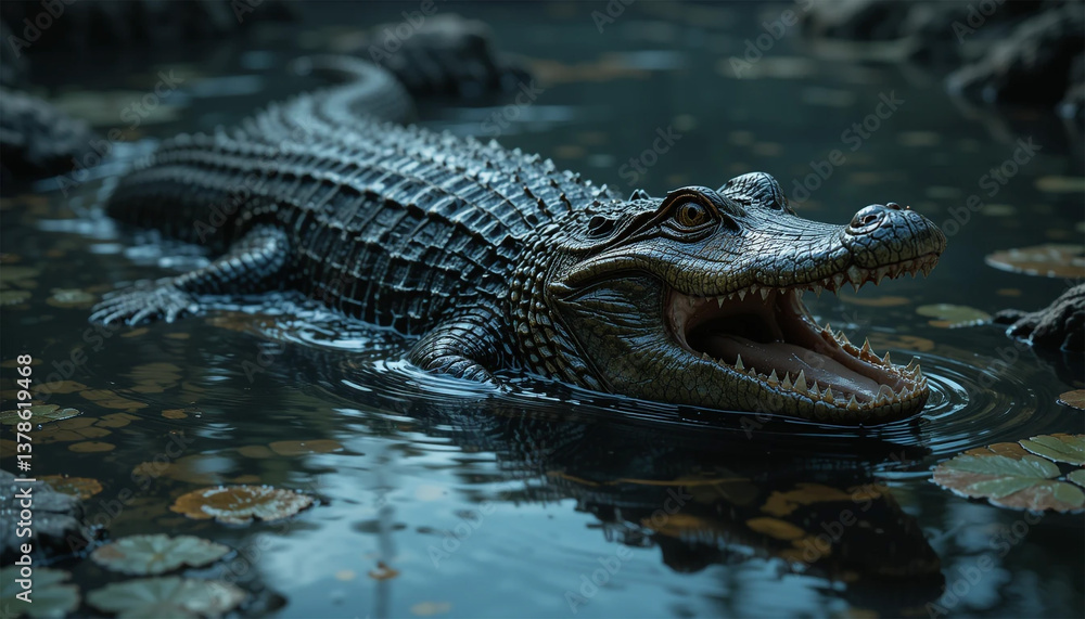 Fototapeta premium A majestic alligator glides through murky swamp waters, its ancient eyes gleaming in the twilight, a prehistoric presence in a serene nocturnal landscape with dark, reflective water and fallen leaves.
