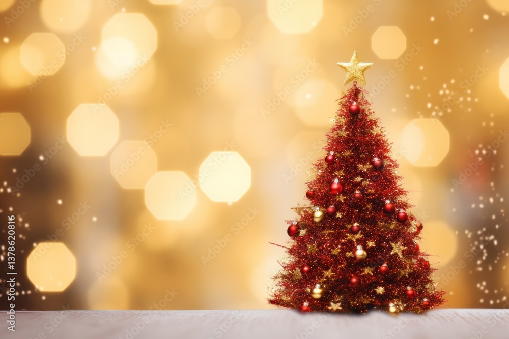 A beautifully decorated Christmas tree with shimmering tinsel and warm golden lights, with a vibrant red backdrop A beautifully decorated Christmas tree with shimmering tinsel and warm golden lights, with a vibrant red backdrop