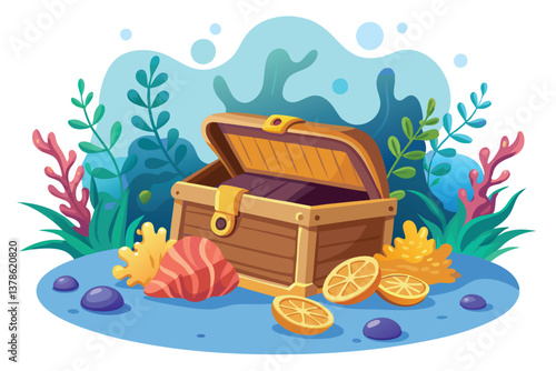 Open Treasure Chest with Shell, Coral, Seaweed, and Blue Bubbles on Seascape