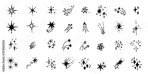 Doodle stars glitter spark freehand hand drawn scrapbook bursting elements. Sketch scribble monochrome simple line stroke brush set
