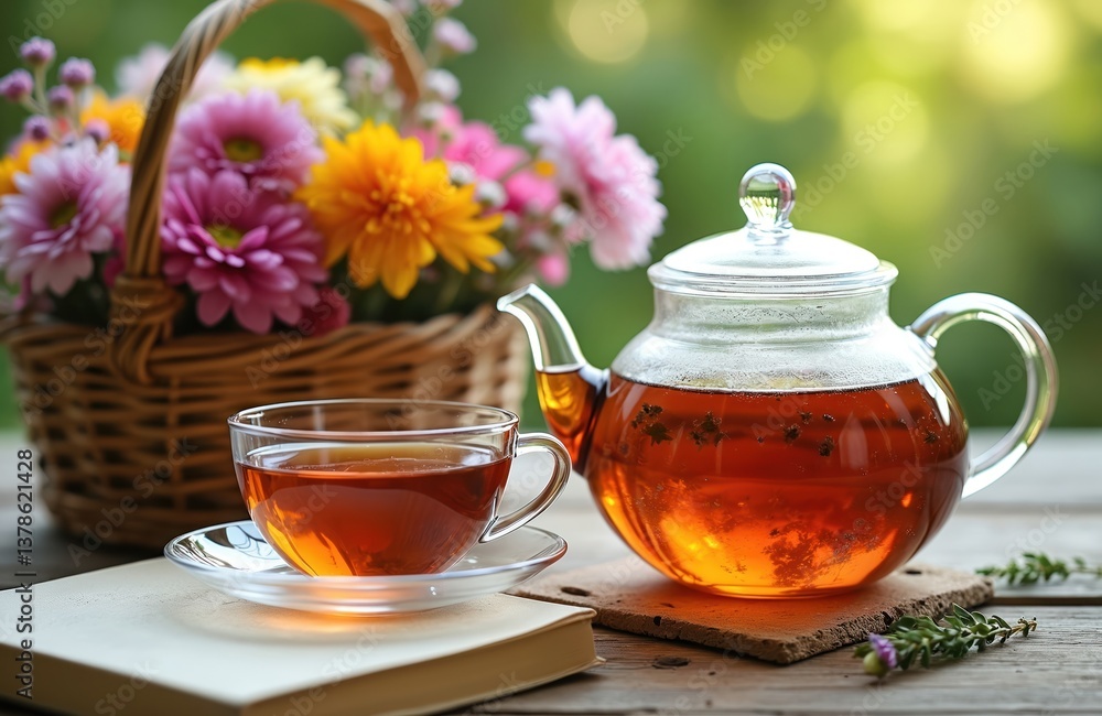 Glass teapot cup with herbal tea on table. Flowers in basket create composition. Book, green background, rustic composition, relax time. Enjoy calming hot tea on weekend or vacation. Glass teapot cup with herbal tea on table. Flowers in basket create composition. Book, green background, rustic composition, relax time. Enjoy calming hot tea on weekend or vacation.