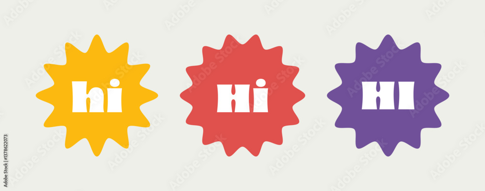 Obraz premium Colourful retro style HI badge icons in yellow, red and purple. Vector design with bold typography and fun starburst shapes for for greetings, social media, or decorative elements.