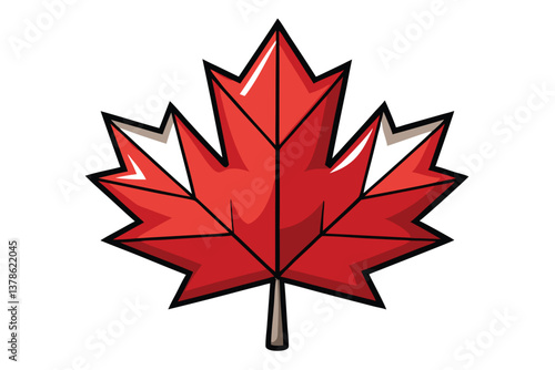 Red Cartoon Maple Leaf on White Background with Dark Black Outline Design