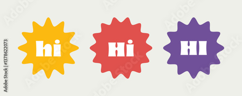 Colourful retro style HI badge icons in yellow, red and purple. Vector design with bold typography and fun starburst shapes for for greetings, social media, or decorative elements.