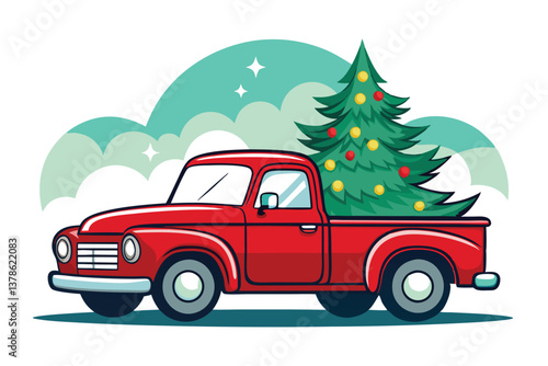 Red Cartoon Truck Carrying Decorated Christmas Tree with Ornaments and Turquoise Clouds
