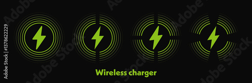 Wireless charger logo set with different waves. Fast wireless charging technology. Wireless charger sign with lightning and waves. Inductive dock station for charging different devices.