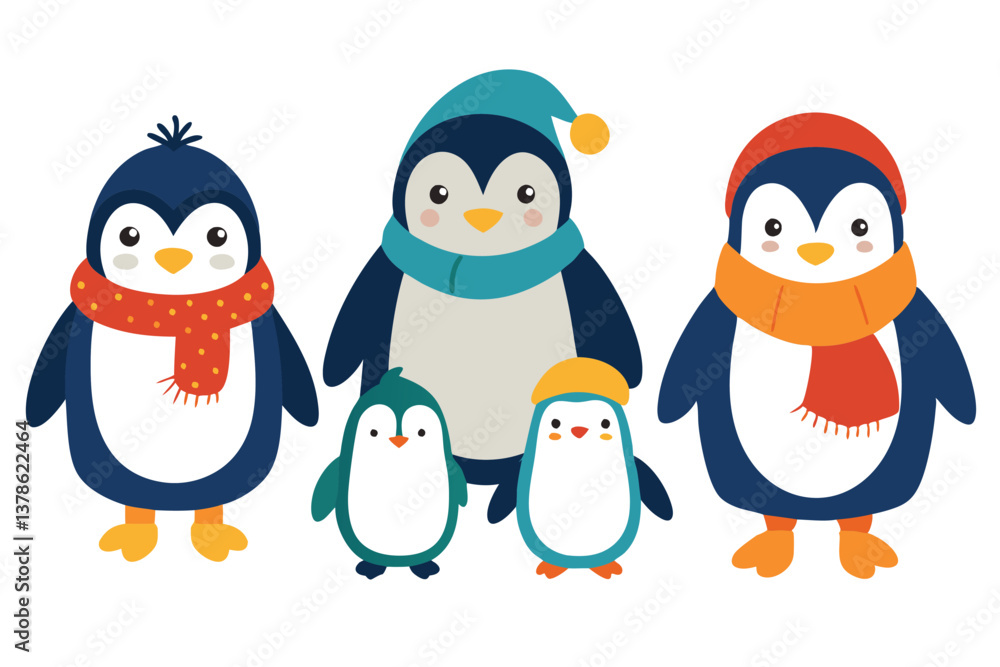 Naklejka premium Whimsical Cartoon Penguin Family with Colorful Winter Hats and Scarves