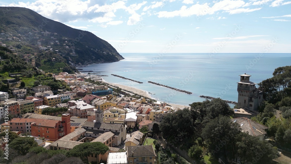 Europe, Italy , Liguria drone aerial view of Moneglia little sea village in province of Genoa close to Cinque Terre - Gulf of Tigullio Mediterranean sea landscape