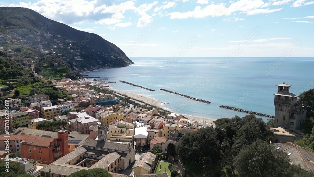 Europe, Italy , Liguria drone aerial view of Moneglia little sea village in province of Genoa close to Cinque Terre - Gulf of Tigullio Mediterranean sea landscape