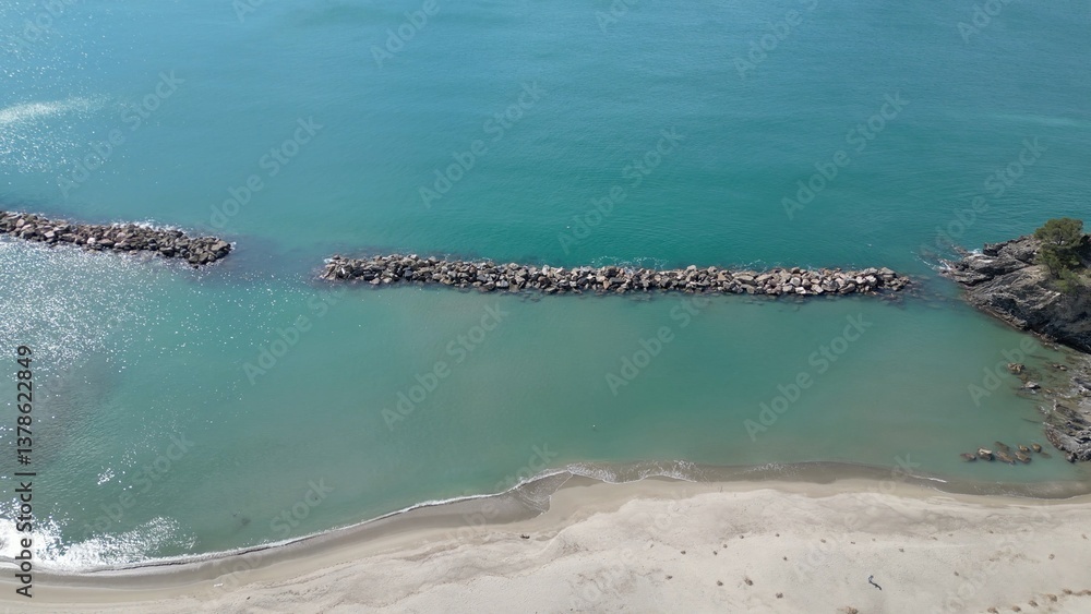Europe, Italy , Liguria drone aerial view of Moneglia little sea village in province of Genoa close to Cinque Terre - Gulf of Tigullio Mediterranean sea landscape