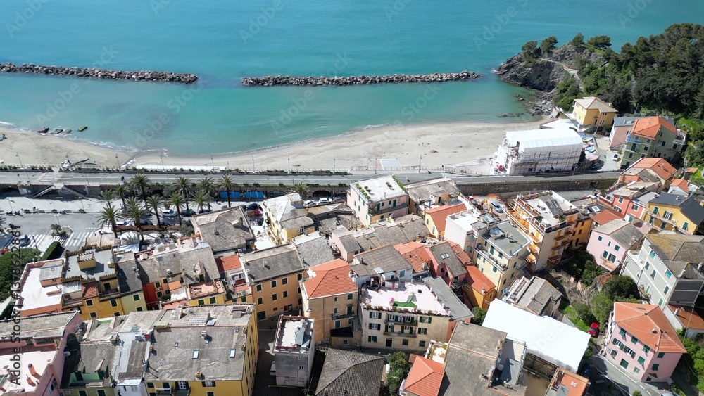 Europe, Italy , Liguria drone aerial view of Moneglia little sea village in province of Genoa close to Cinque Terre - Gulf of Tigullio Mediterranean sea landscape