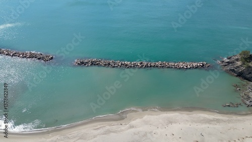 Obraz na płótnie Europe, Italy , Liguria drone aerial view of Moneglia little sea village in province of Genoa close to Cinque Terre - Gulf of Tigullio Mediterranean sea landscape w salonie