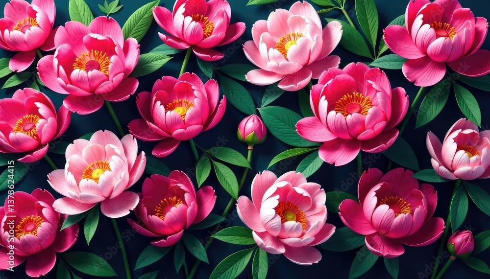 Obraz premium Bold, densely packed peonies create a lush repeating design , peony pattern, leaves, vibrant