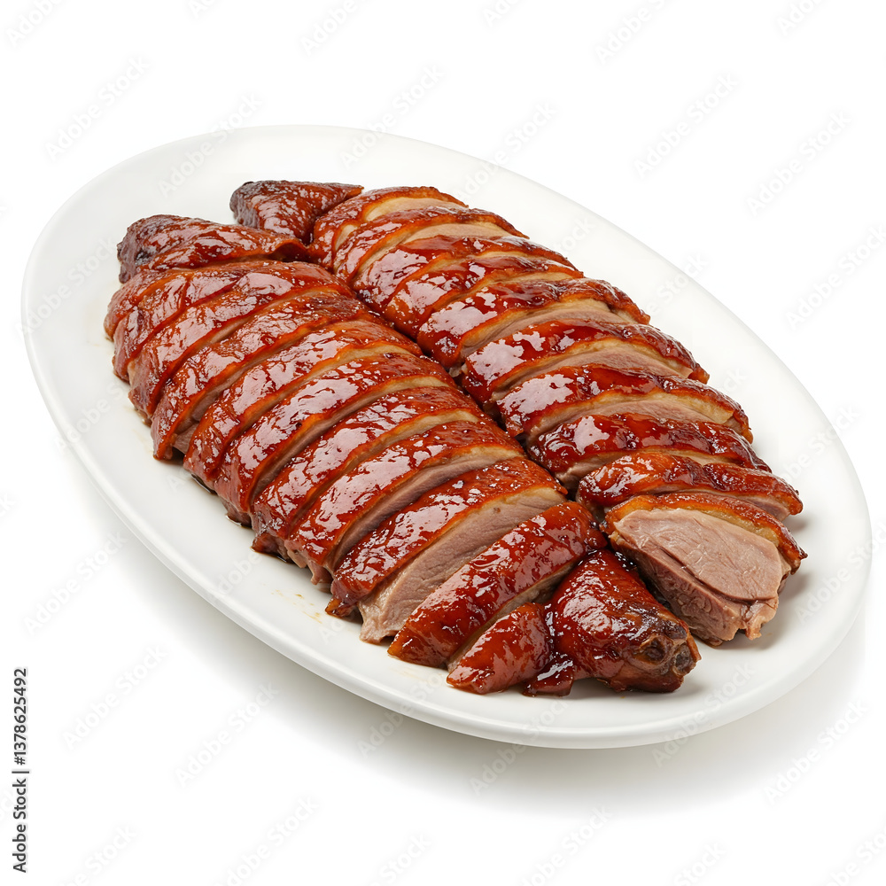 Golden Glaze: Sliced Roast Duck on a Platter: Captivating presentation of succulent, golden-brown roast duck, meticulously sliced and arranged on an elegant white platter. Golden Glaze: Sliced Roast Duck on a Platter: Captivating presentation of succulent, golden-brown roast duck, meticulously sliced and arranged on an elegant white platter.