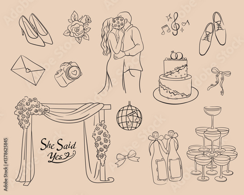 Collection of beautiful thin line vector style wedding line illustrations. Wedding marriage themed objects icons. Vector illustration include icon - ring, bouquet, groom, bridal, invitation outline