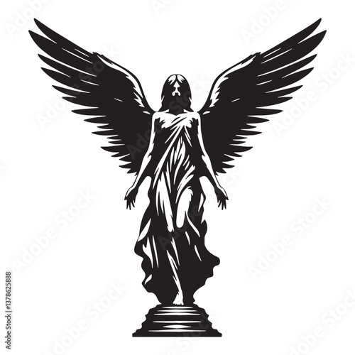 Melancholic Gothic angel statue silhouette, exuding sorrowful beauty - Gothic angel illustration - Gothic angel vector - Gothic silhouette

