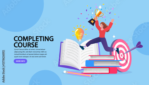 Education Pile of books and golden trophy for future success winner. Online course education lectures. E-learning. Distance learning, recorded classes. remote university graduation. Vector