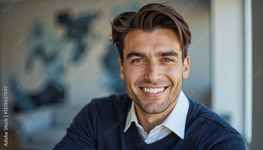 Fototapeta premium A portrait headshot photo of a friendly professional CEO executive business worker: A smiling man with dark hair and a slight stubble looks directly at the camera, wearing a dark sweater over a c