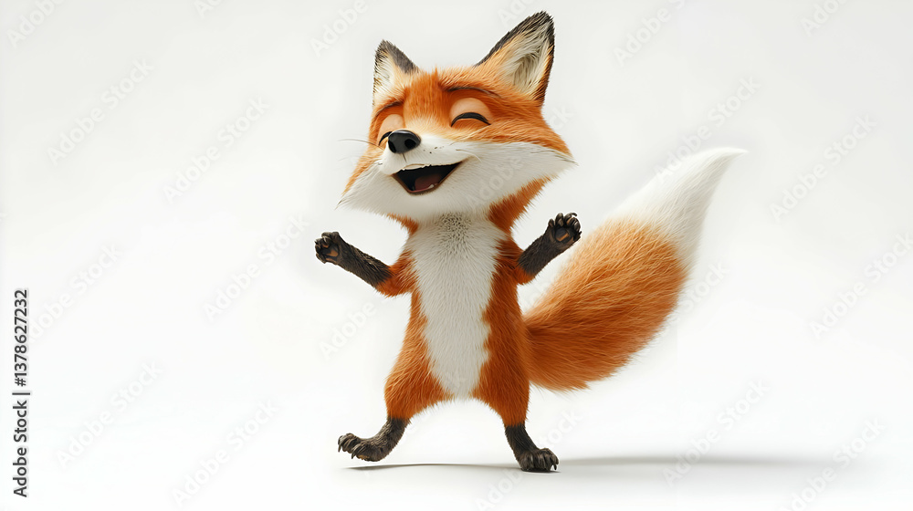 Fototapeta premium Cartoon Fox Smiling with Closed Eyes Standing on Isolated White Background in Cheerful Expression Digital Art