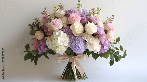 A dreamy wedding bouquet in soft pastel tones with a mix of roses, peonies, and hydrangeas, tied with a satin ribbon, creating a romantic and elegant look.