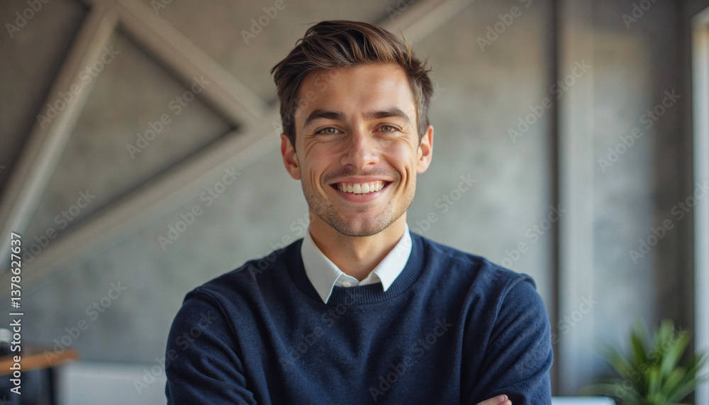 Obraz premium A portrait headshot photo of a friendly professional CEO executive business worker: A smiling young man with short brown hair and a light beard confidently poses with his arms crossed in a modern