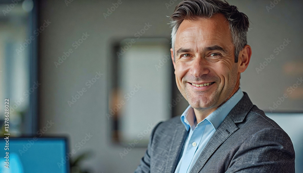 custom made wallpaper toronto digitalA portrait headshot photo of a friendly professional CEO executive business worker: A smiling, middle-aged man with graying hair confidently looks at the camera while wearing a suit jacket and op