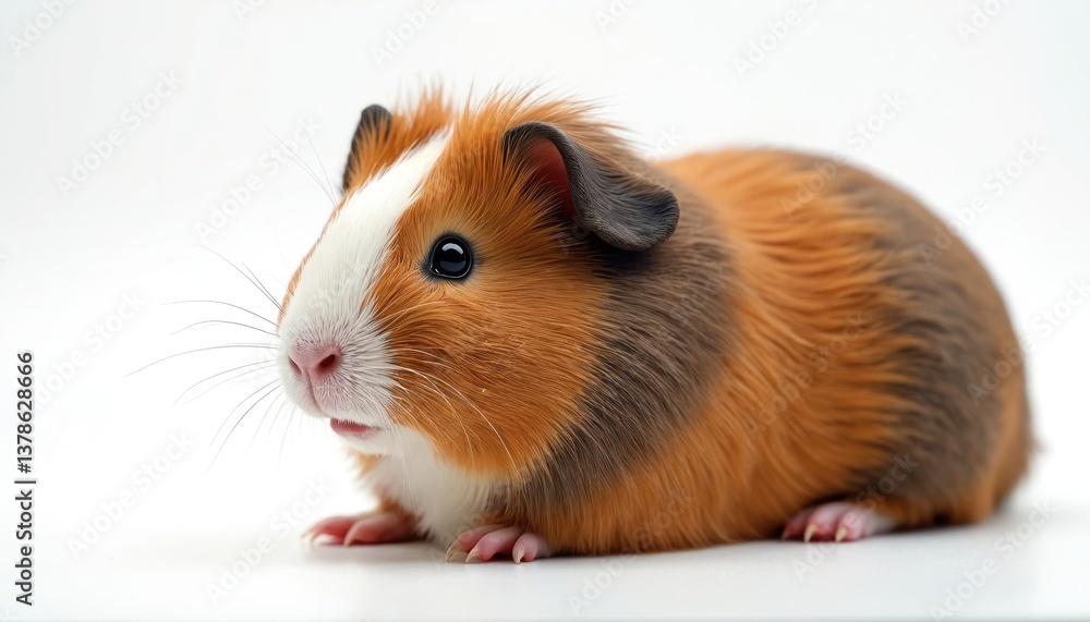 Cute guinea pig rests, showing fluffy fur. Perfect for pet lovers. Animal, domestic rodent on white background. Cuddly, joy, comfort. Portrait of happy hamster creature. Cute guinea pig rests, showing fluffy fur. Perfect for pet lovers. Animal, domestic rodent on white background. Cuddly, joy, comfort. Portrait of happy hamster creature.