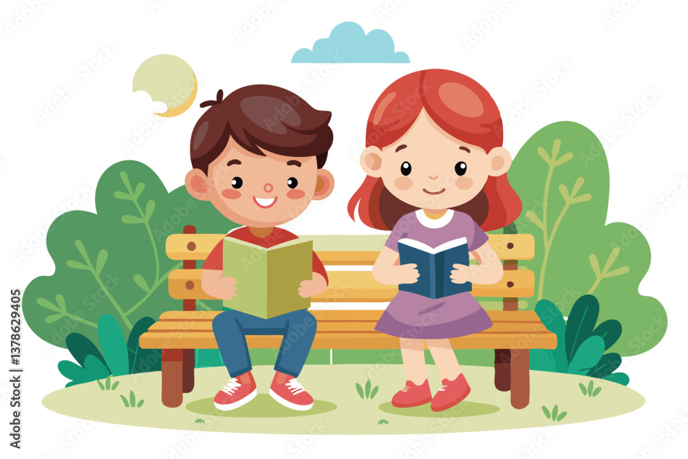 Cartoon Boy and Girl Reading Books on a Bench in Park with Trees and Cloud Cartoon Boy and Girl Reading Books on a Bench in Park with Trees and Cloud