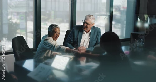 Deal, handshake and meeting with business people in boardroom of office for collaboration. Agreement, B2B and partnership with employee team in workplace together for acquisition, merger or success