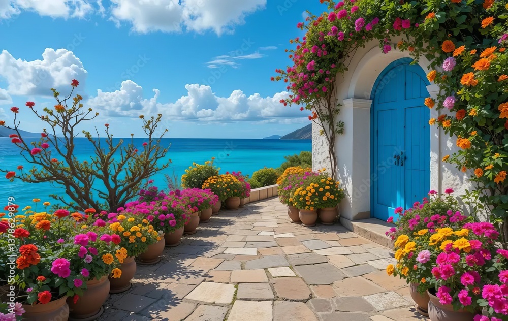 Naklejka premium A cobblestone path with flower pots and a blue door leading to the sea