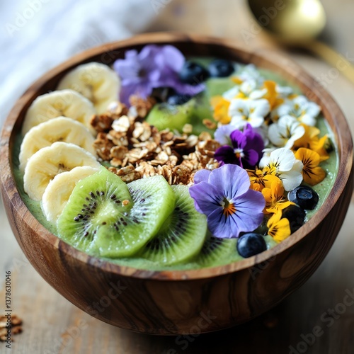 A vibrant tropical smoothie bowl, centered in a rustic wooden bowl, topped with sliced kiwi, banana, granola, and edible flowers, surrounded by a light, sunlit kitchen backdrop.