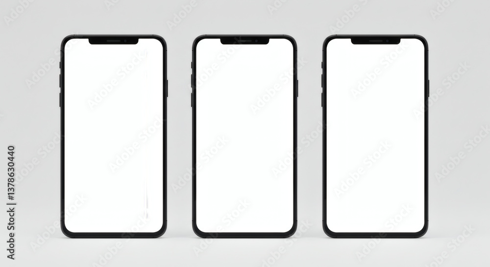 Three Blank Smartphone Mockups Perfect for App Presentations and UI/UX Designs Three Blank Smartphone Mockups Perfect for App Presentations and UI/UX Designs