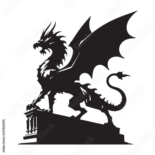 Mythical Gothic dragon statue silhouette, an embodiment of eternal lore - Gothic dragon illustration - Gothic dragon vector - Gothic silhouette

