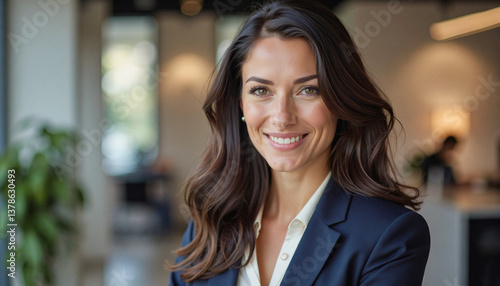 Wallpaper Mural A portrait headshot photo of a friendly professional CEO executive business worker: A smiling businesswoman with long brown hair confidently poses in a navy blazer and white shirt within a modern Torontodigital.ca