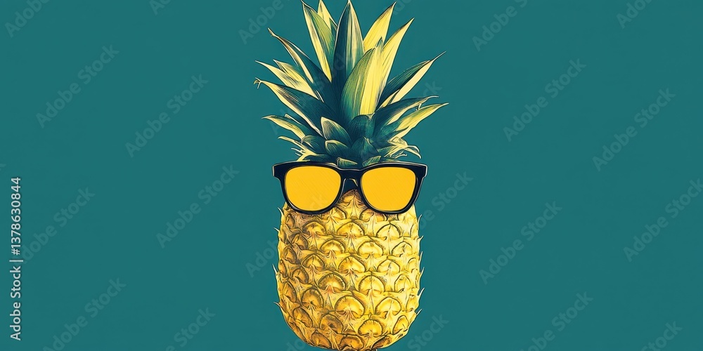 Creative food and travel concept illustration featuring a hipster pineapple wearing trendy glasses, symbolizing modern culinary adventures