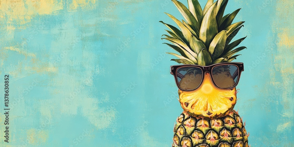 Creative food and travel concept illustration featuring a hipster pineapple wearing trendy glasses, symbolizing modern culinary adventures