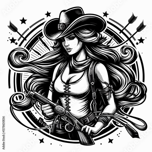 Logotipo vectorial en estilo póster con una chica vaquera, diseñado en gráfico, formato EPS10, ideal para impresión y branding.