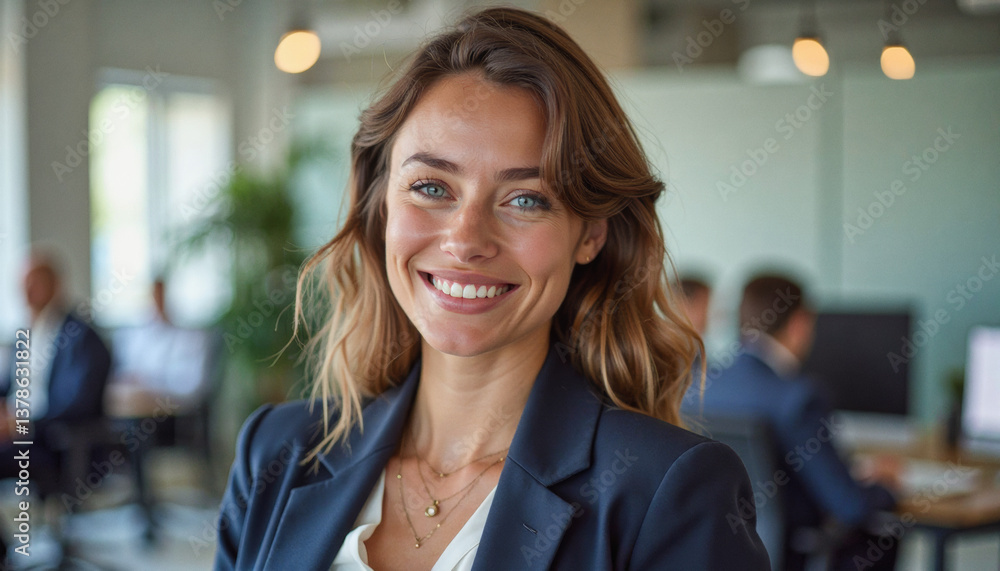 Fototapeta premium A portrait headshot photo of a friendly professional CEO executive business worker: A smiling businesswoman with light brown hair and blue eyes confidently poses in a modern office setting, weari