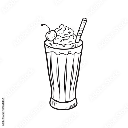 Milkshake with whipped cream and cherry on top in a retro milk bar dessert glass as a vector. tall glass vector. 