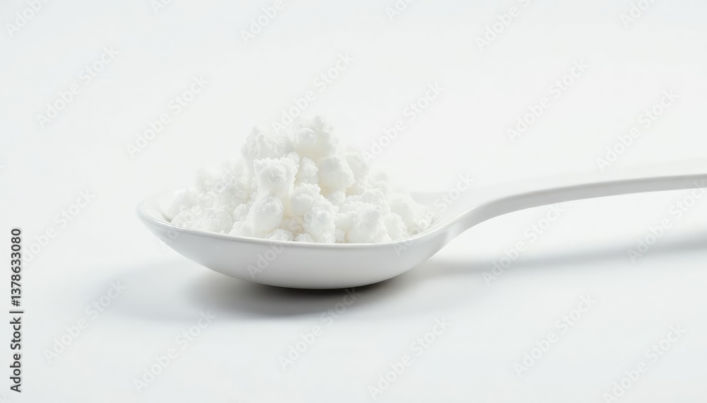 Spoonful of white sugar against white backdrop, close-up, background, shiny Spoonful of white sugar against white backdrop, close-up, background, shiny