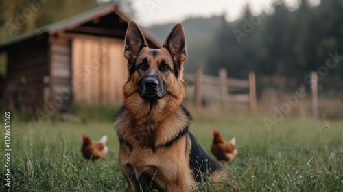 german shepherd stands proudly guarding a chicken coop in the morning light, dew on the grass, capturing the essence of farm life